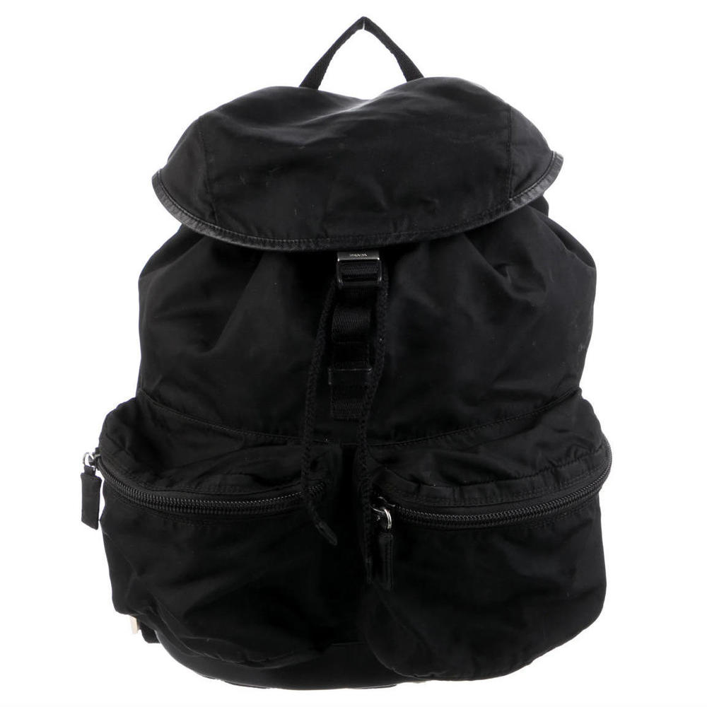 Prada Drawstring Backpack Black Tessuto Nylon w/ Black Leather Trim and Pockets